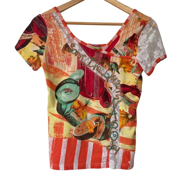 Tops - Save The Queen Vintage Short Sleeve Multicoloured Abstract Fruit Print Top Large